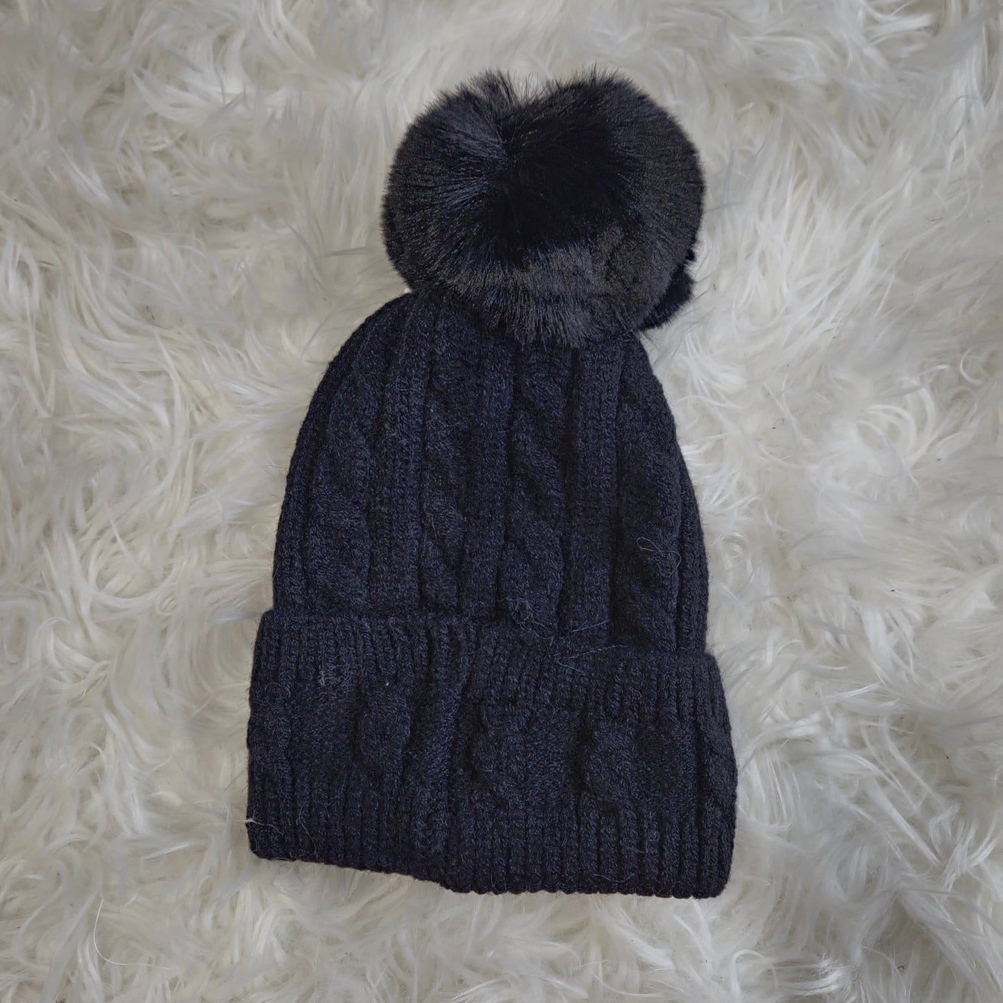 TESS - Cable Knit Wool Blend Faux Fur Pom Beanie Hat Black
