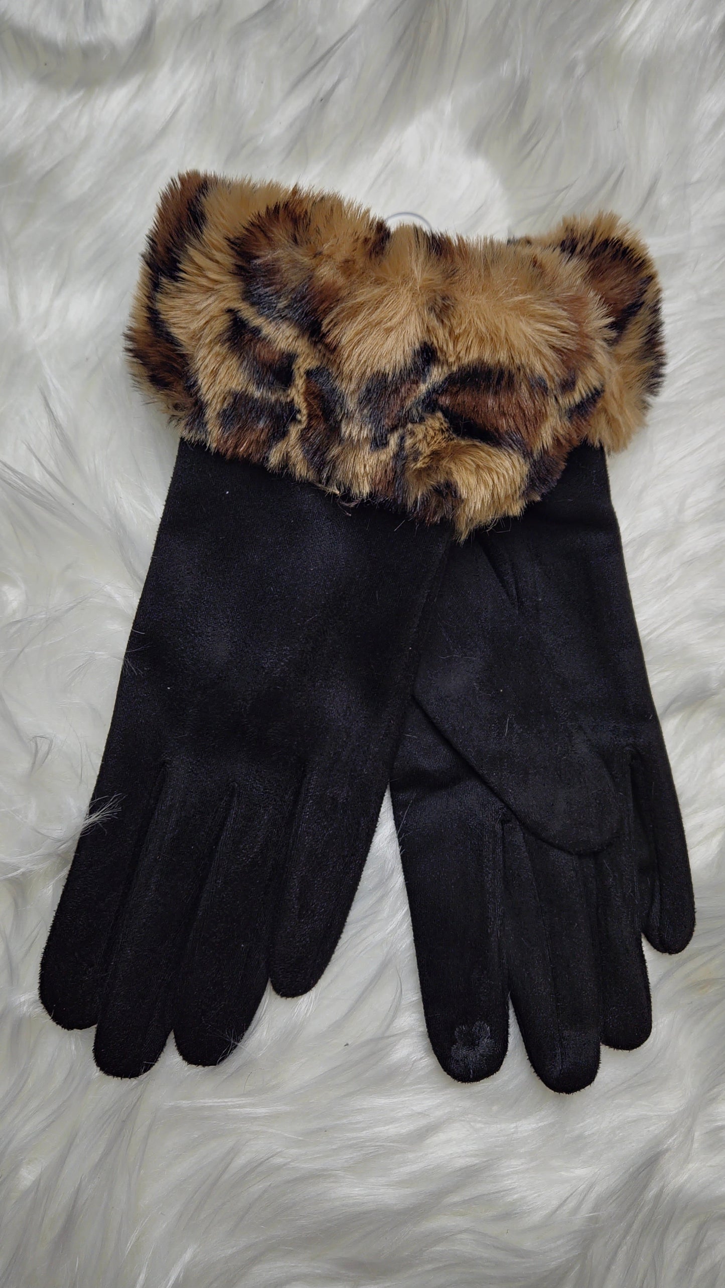 MACEY - Suedette Faux Fur Gloves Leopard