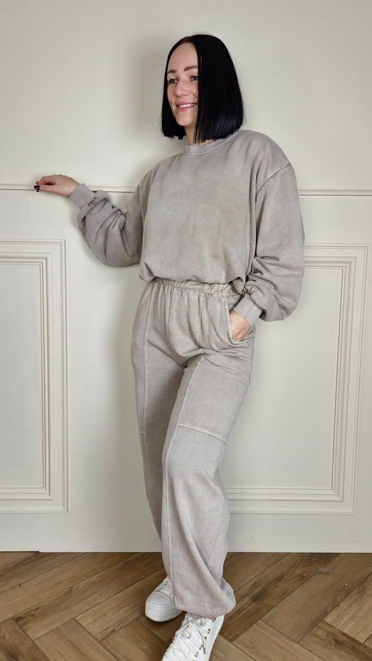 LEAH - Acid Wash Bubble Hem Tracksuit Dove Grey