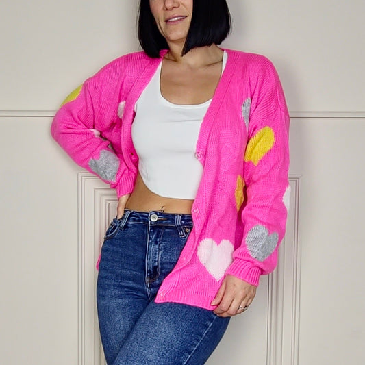 MABEL - Heart Printed Knitted Cardigan Pink