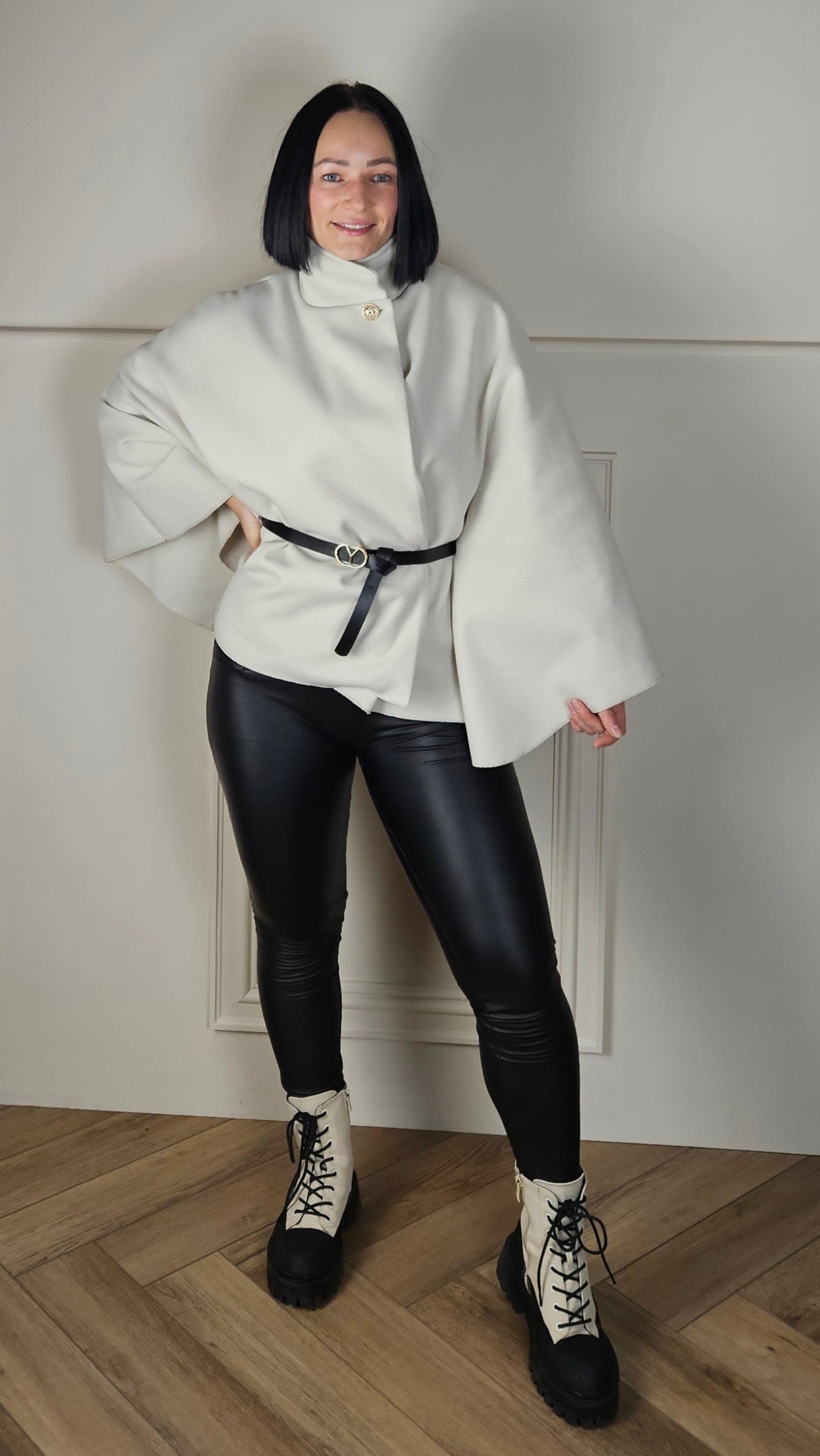 GRACEY - Wool Look Belted Button Cape