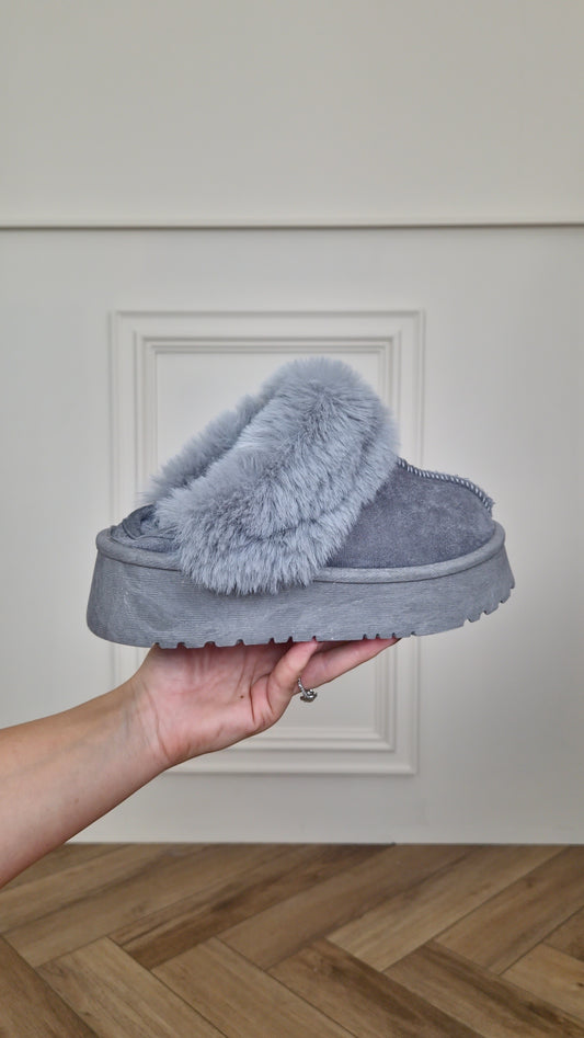 BELLA - Faux Fur Slippers Grey