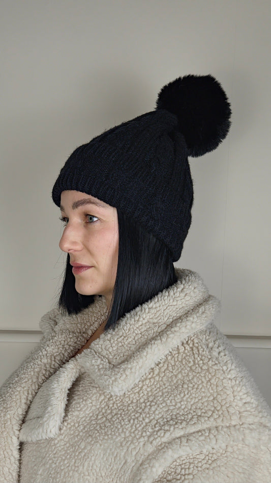 TESS - Cable Knit Wool Blend Faux Fur Pom Beanie Hat Black