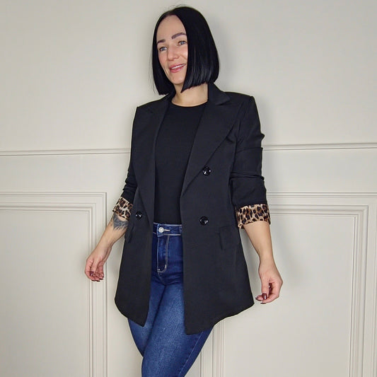 SARA - Premium Black Blazer Leopard Print Cuffs