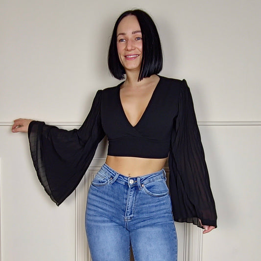 BRITNIE - Flute Sleeve Tie Up Top Black