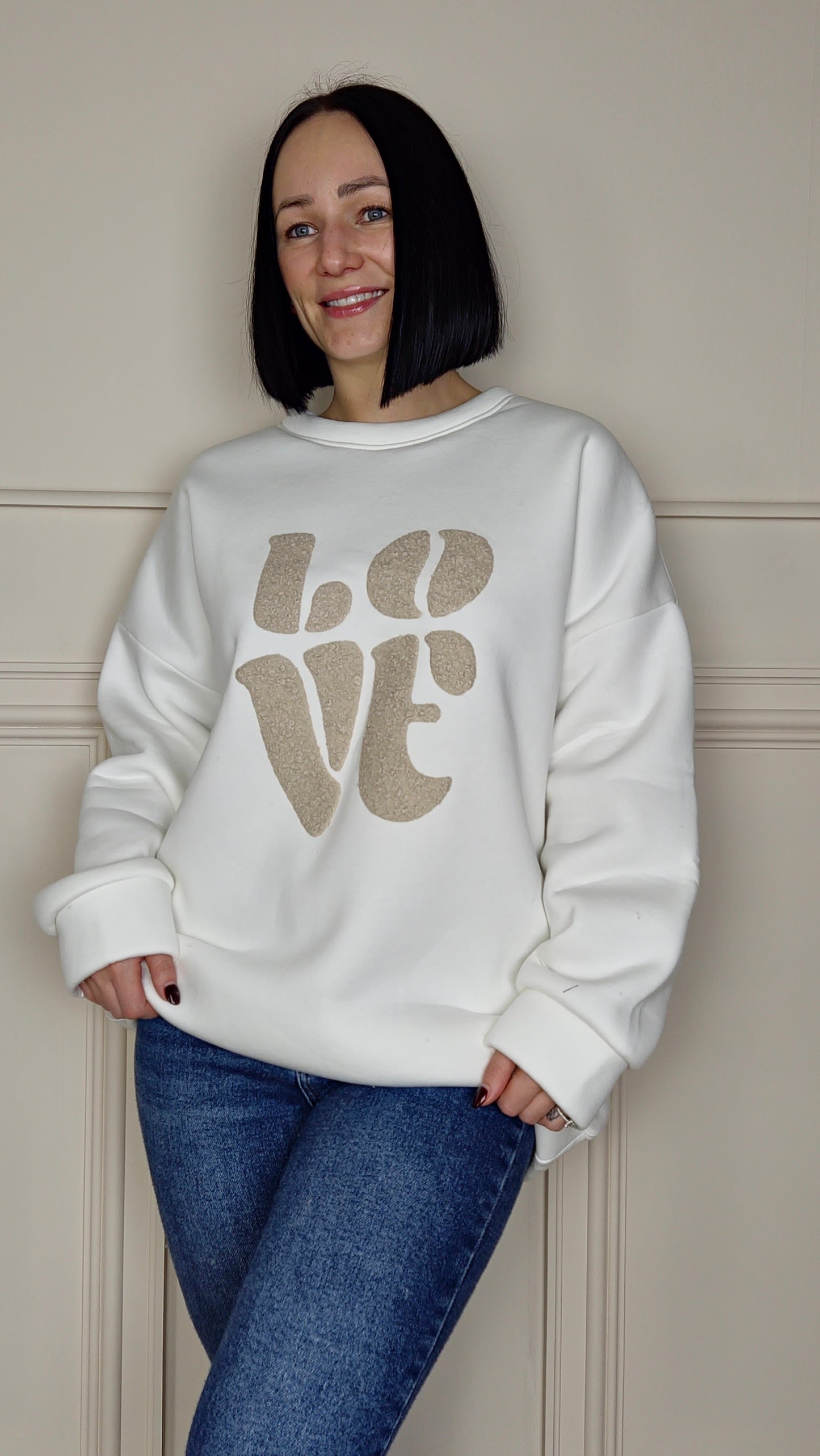 LOVE Graphic Fleece Lined Jumper Ivory
