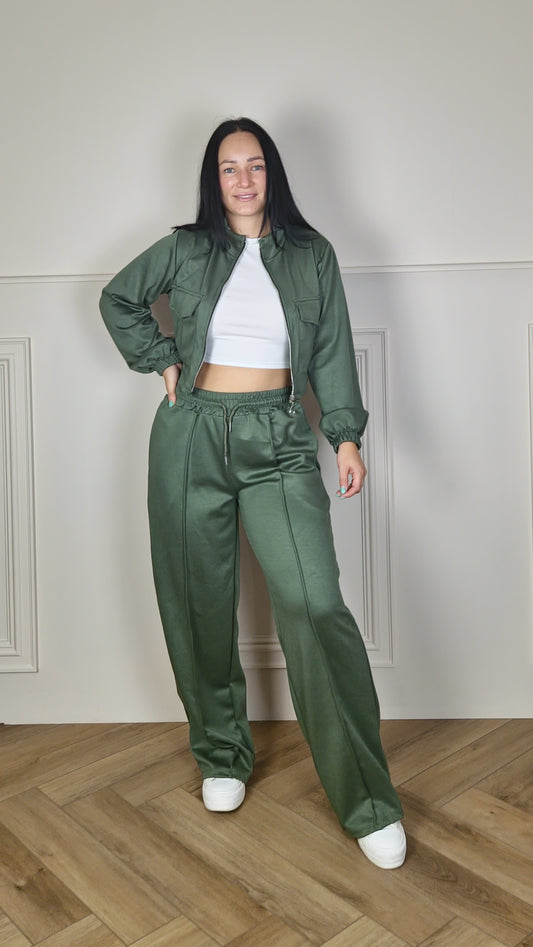 MONIQUE - Bomber Zip Up Jacket With Wide Leg Trouser Set Khaki