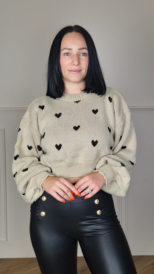 HEART - Oversized Cropped Heart Detail Knitted Jumper