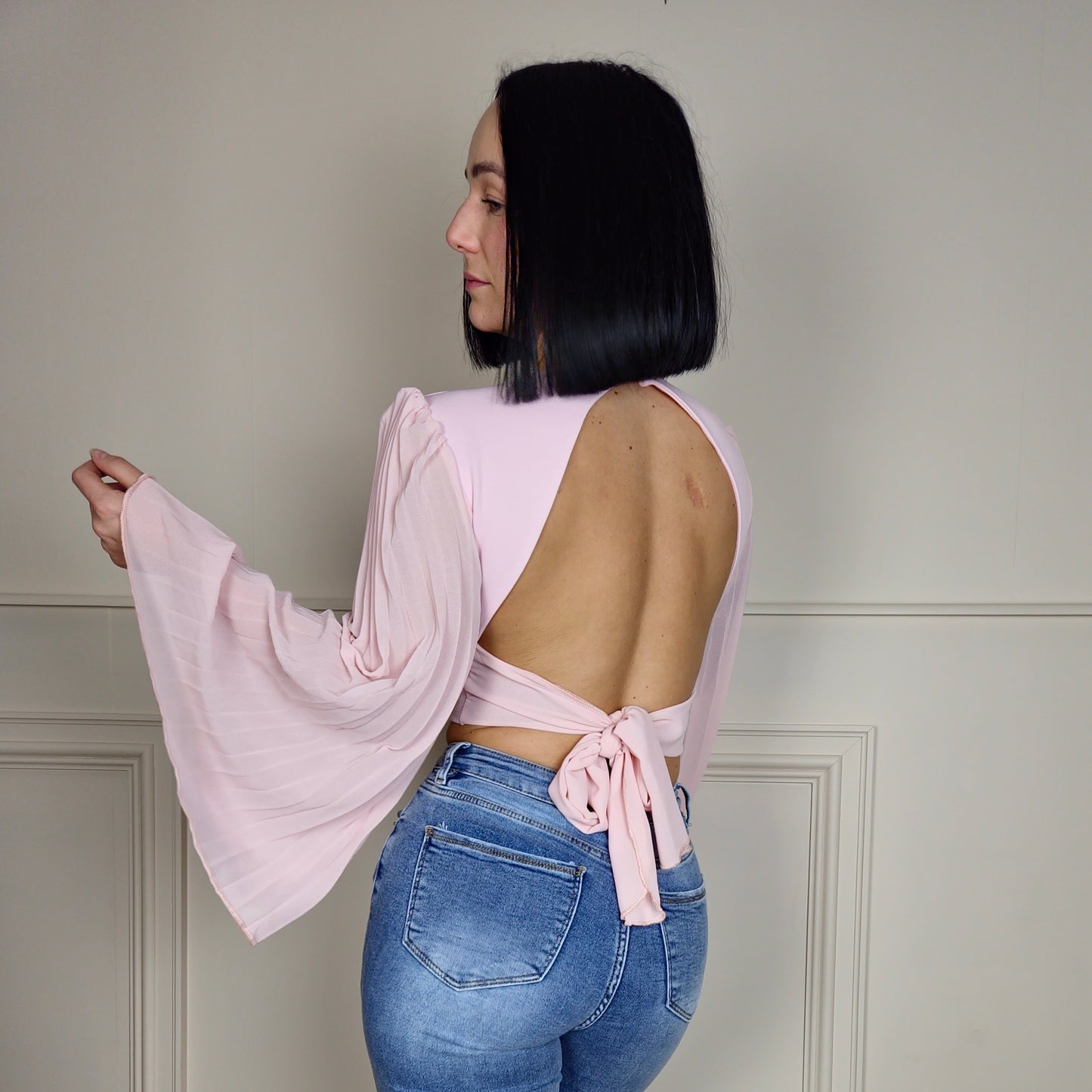 BRITNIE - Flute Sleeve Tie Up Top Pink