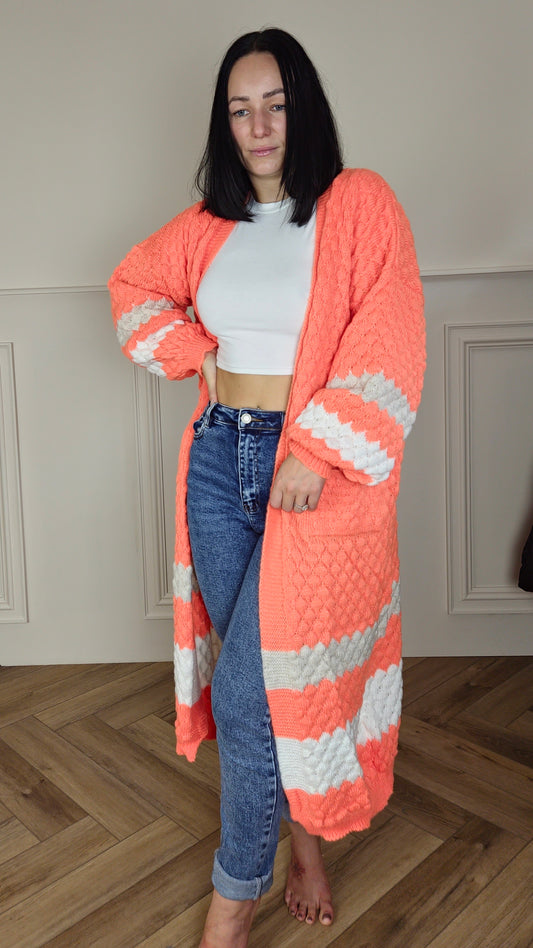 ALEXIS - Longline Contrast Knitted Cardigan Orange
