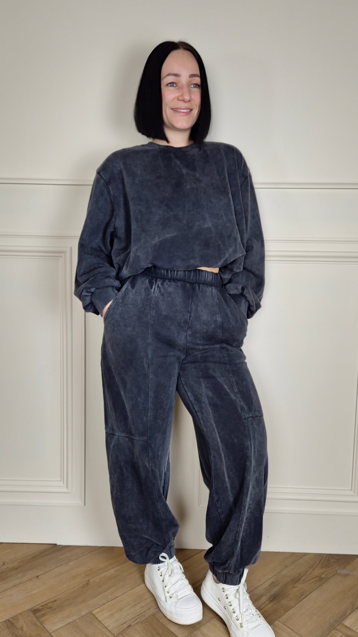 LEAH - Acid Wash Bubble Hem Tracksuit Charcoal