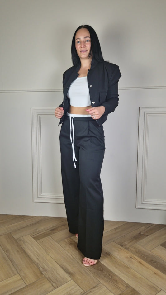 TIFFANY - White Waistband Wide Leg Trousers Black