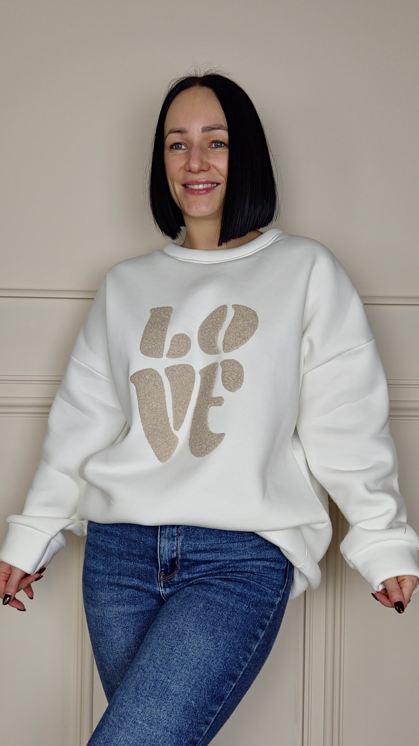 LOVE Graphic Fleece Lined Jumper Ivory