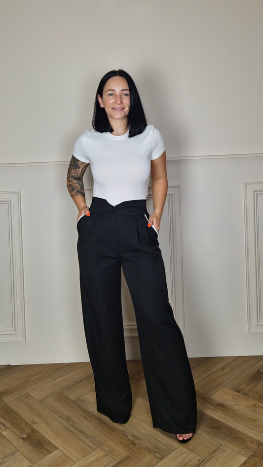 JENNA - High Waisted Trouser With White Trim Black