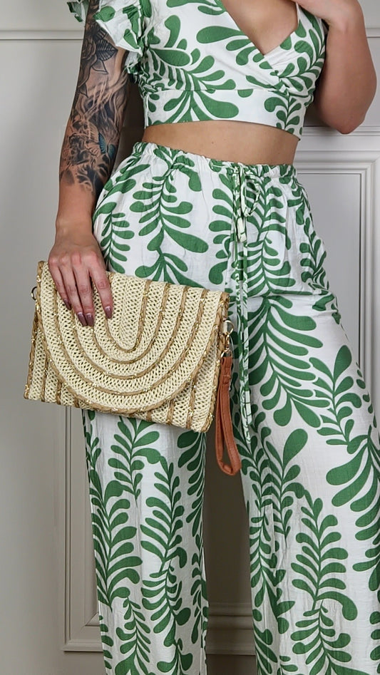 SKYLAR - Metallic Striped Woven Clutch Bag Beige