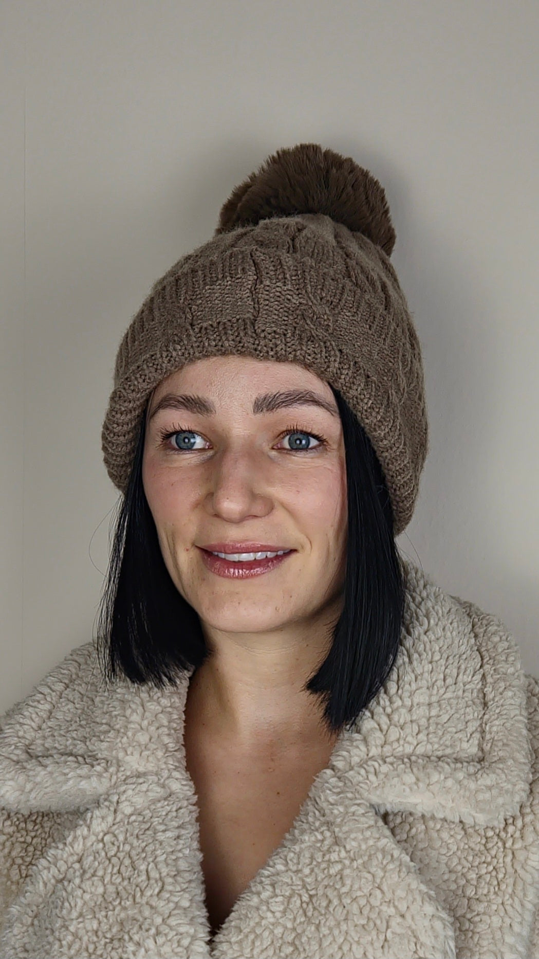 TESS - Cable Knit Wool Blend Faux Fur Pom Beanie Hat Taupe