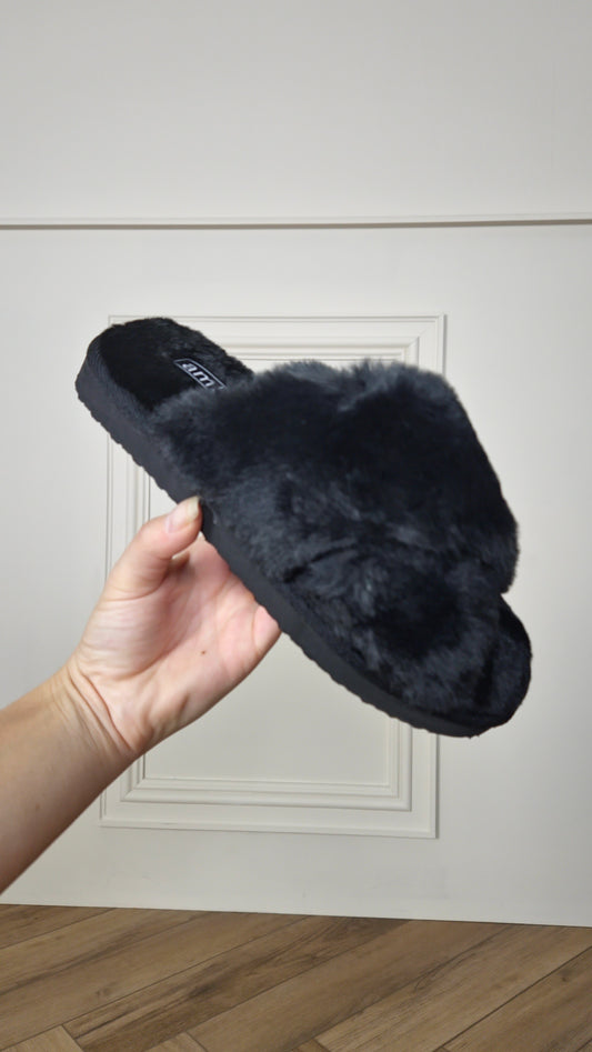 GIGI - Fluffy Crossover Slippers Black