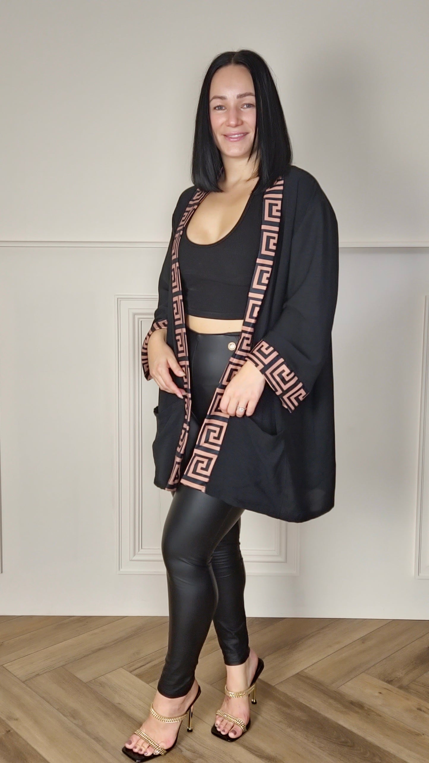 LYNDA - Italian 3/4 Sleeve Open Front Jacket Mocha (Curve)