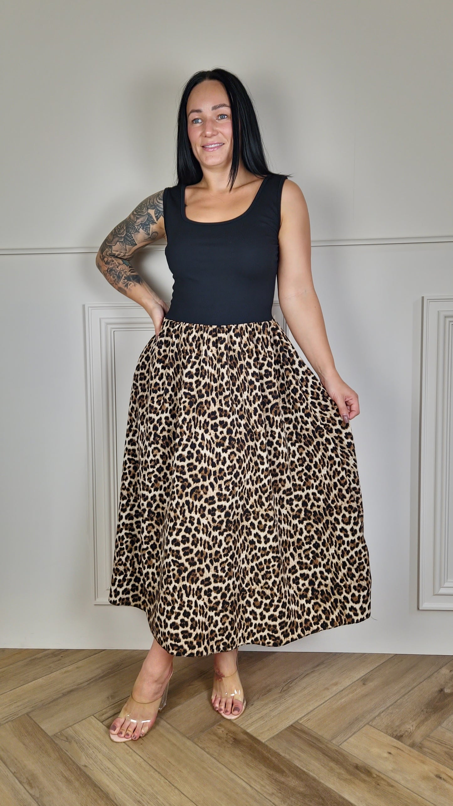 KEELEY - Two Tone Dress Black/Leopard
