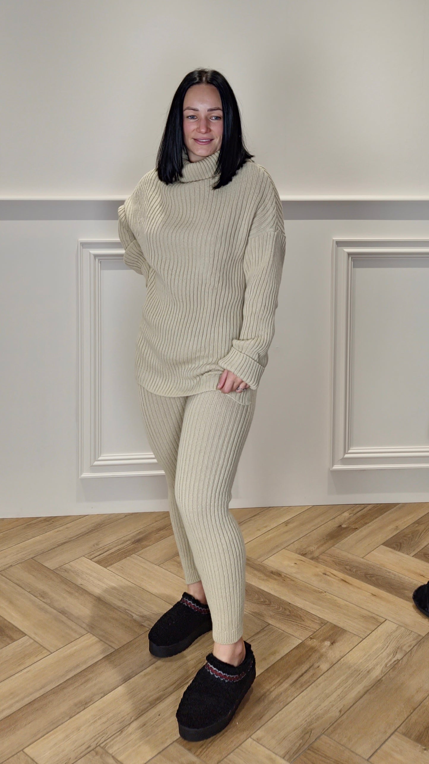 ROISIN - Two Piece Roll Neck Jumper & Leggings Set Beige