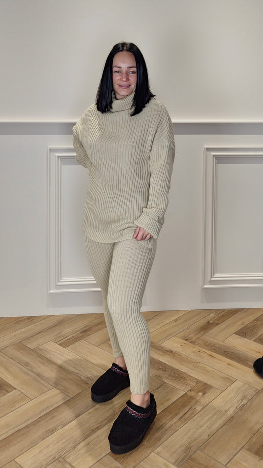 ROISIN - Two Piece Roll Neck Jumper & Leggings Set Beige