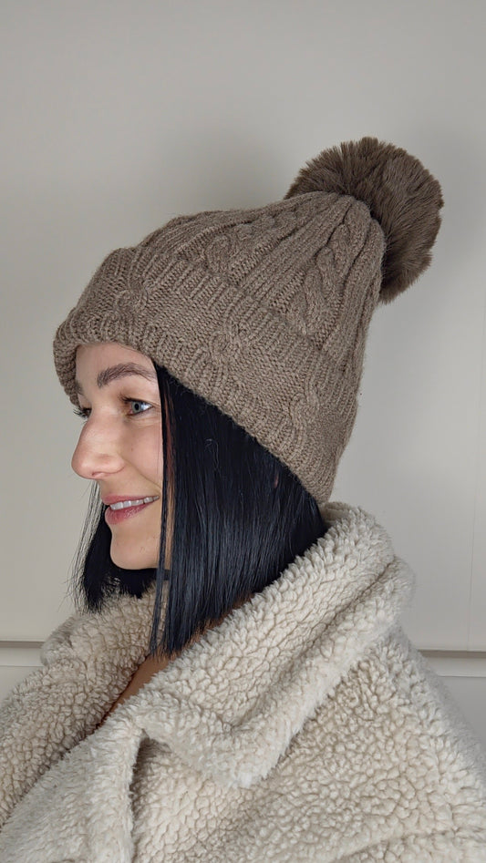 TESS - Cable Knit Wool Blend Faux Fur Pom Beanie Hat Taupe