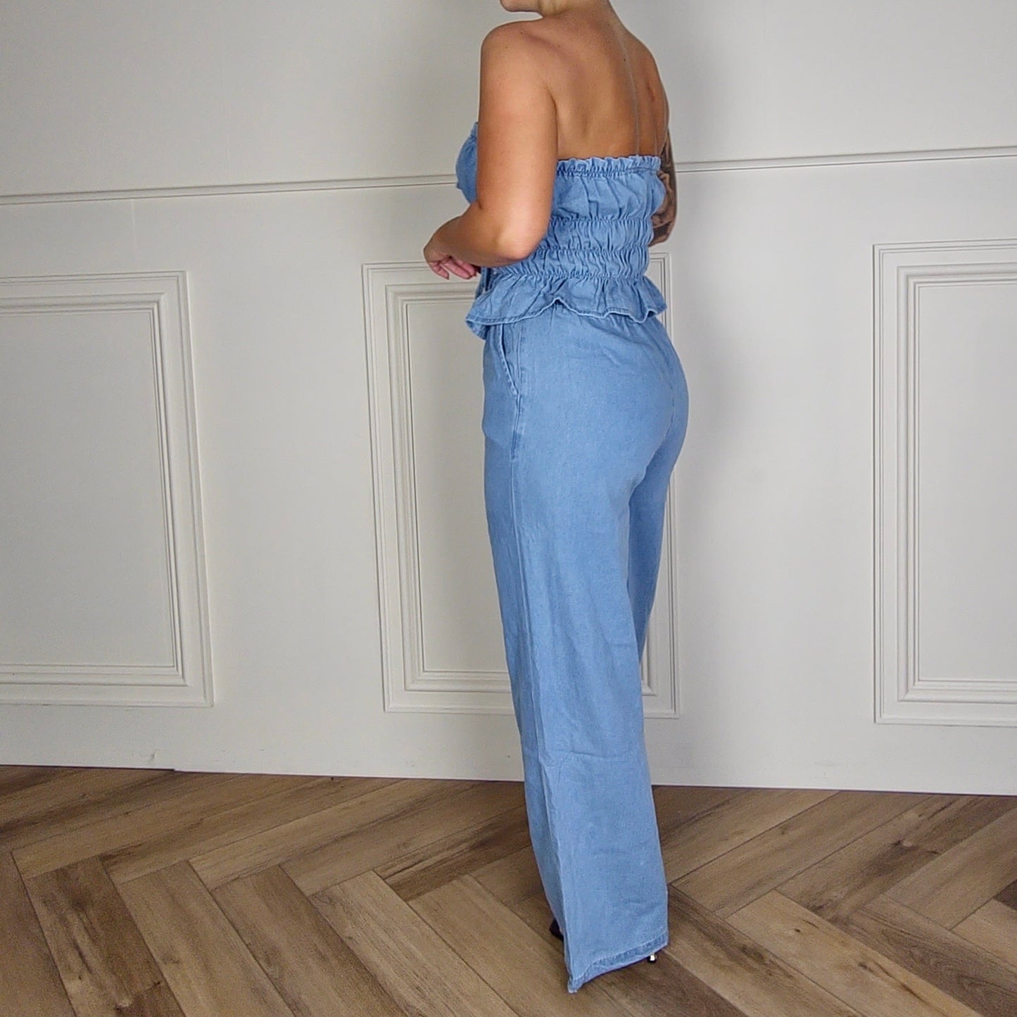 JOANNA - Chambray Two Piece Cotton Blend Top & Trouser