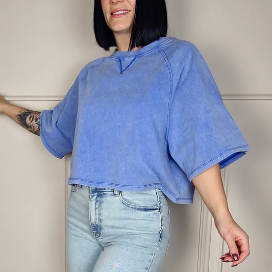 CHARLOTTE - Acid Wash Boxy T-Shirt Blue