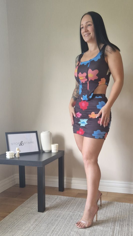 AMELIA FLORAL SLINKY CROP TOP & RUCHED SKIRT CO-ORD