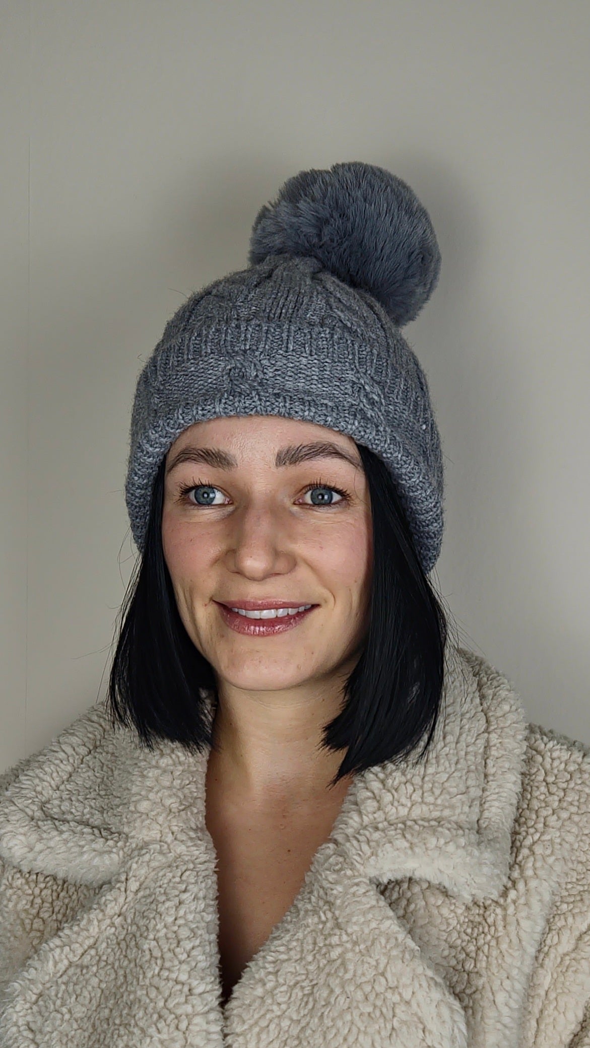 TESS - Cable Knit Wool Blend Faux Fur Pom Beanie Hat Grey