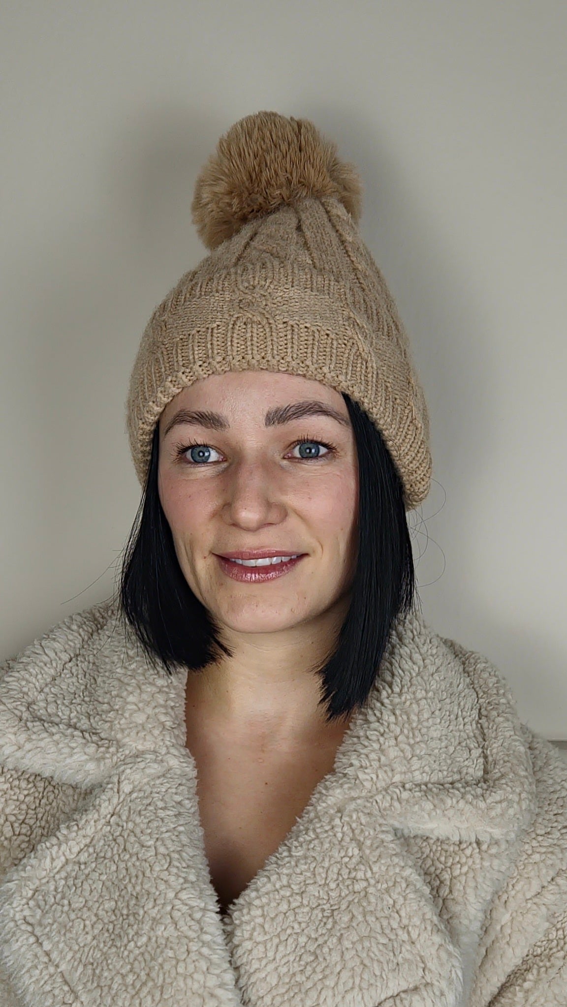 TESS - Cable Knit Wool Blend Faux Fur Pom Beanie Hat Camel