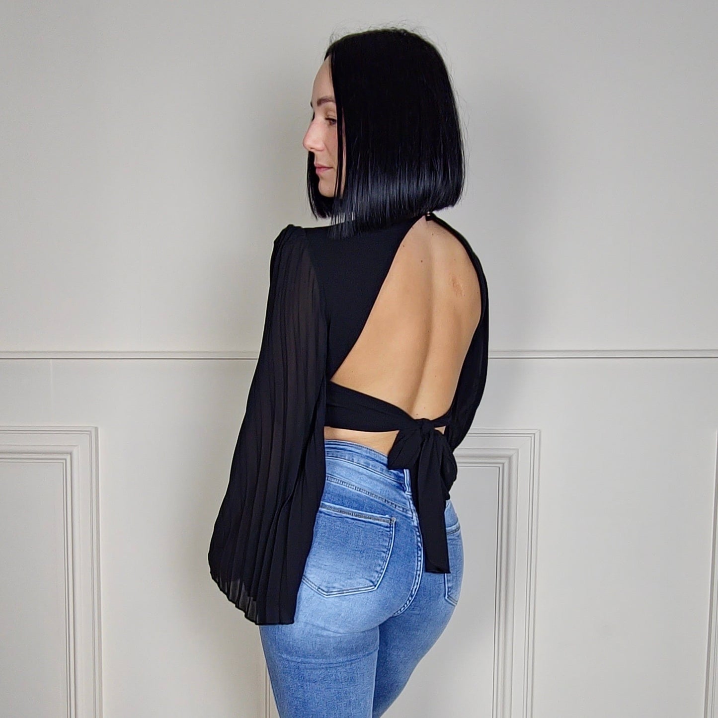BRITNIE - Flute Sleeve Tie Up Top Black