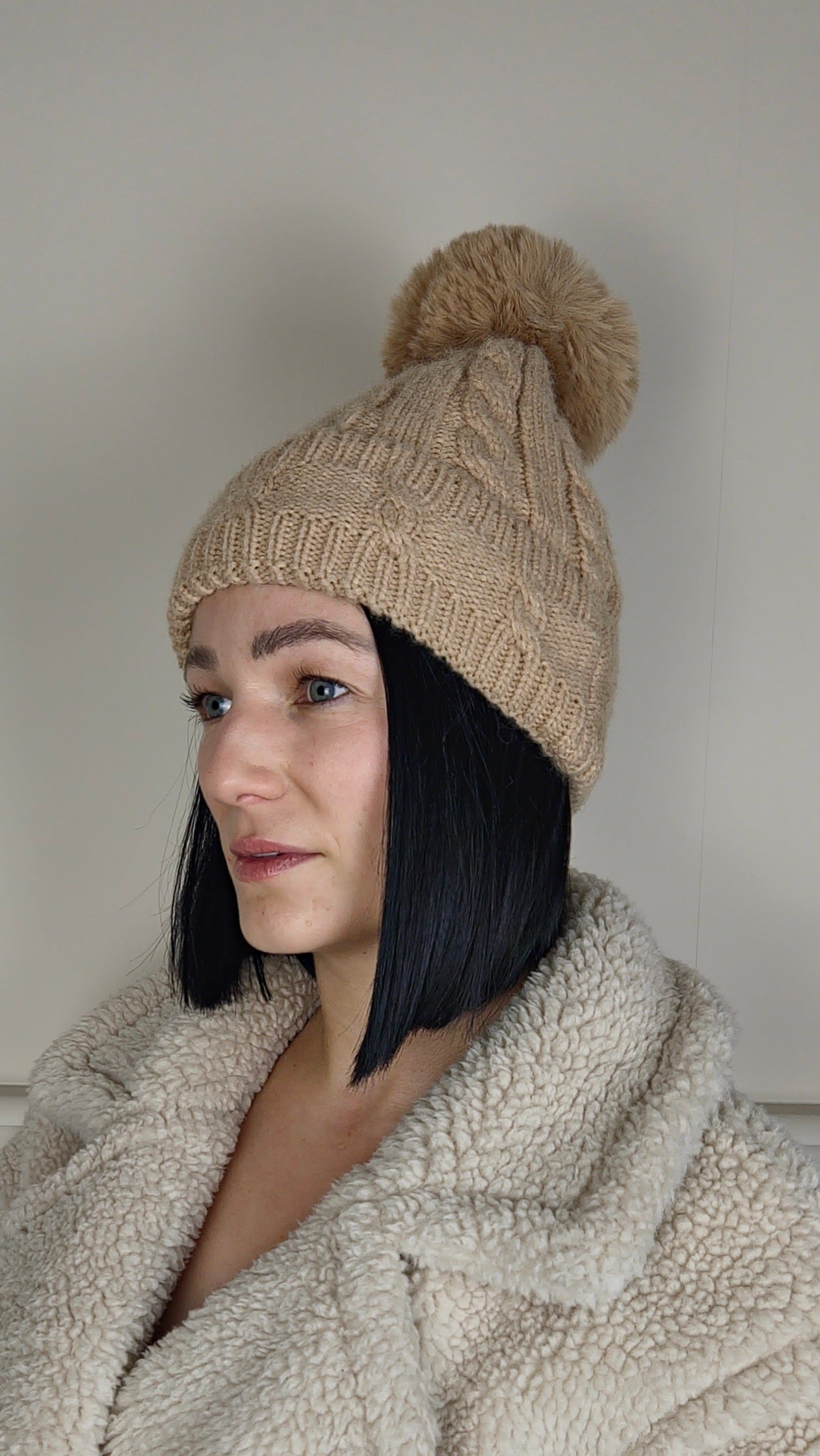 TESS - Cable Knit Wool Blend Faux Fur Pom Beanie Hat Camel
