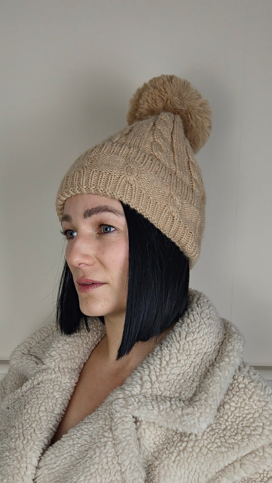 TESS - Cable Knit Wool Blend Faux Fur Pom Beanie Hat Camel