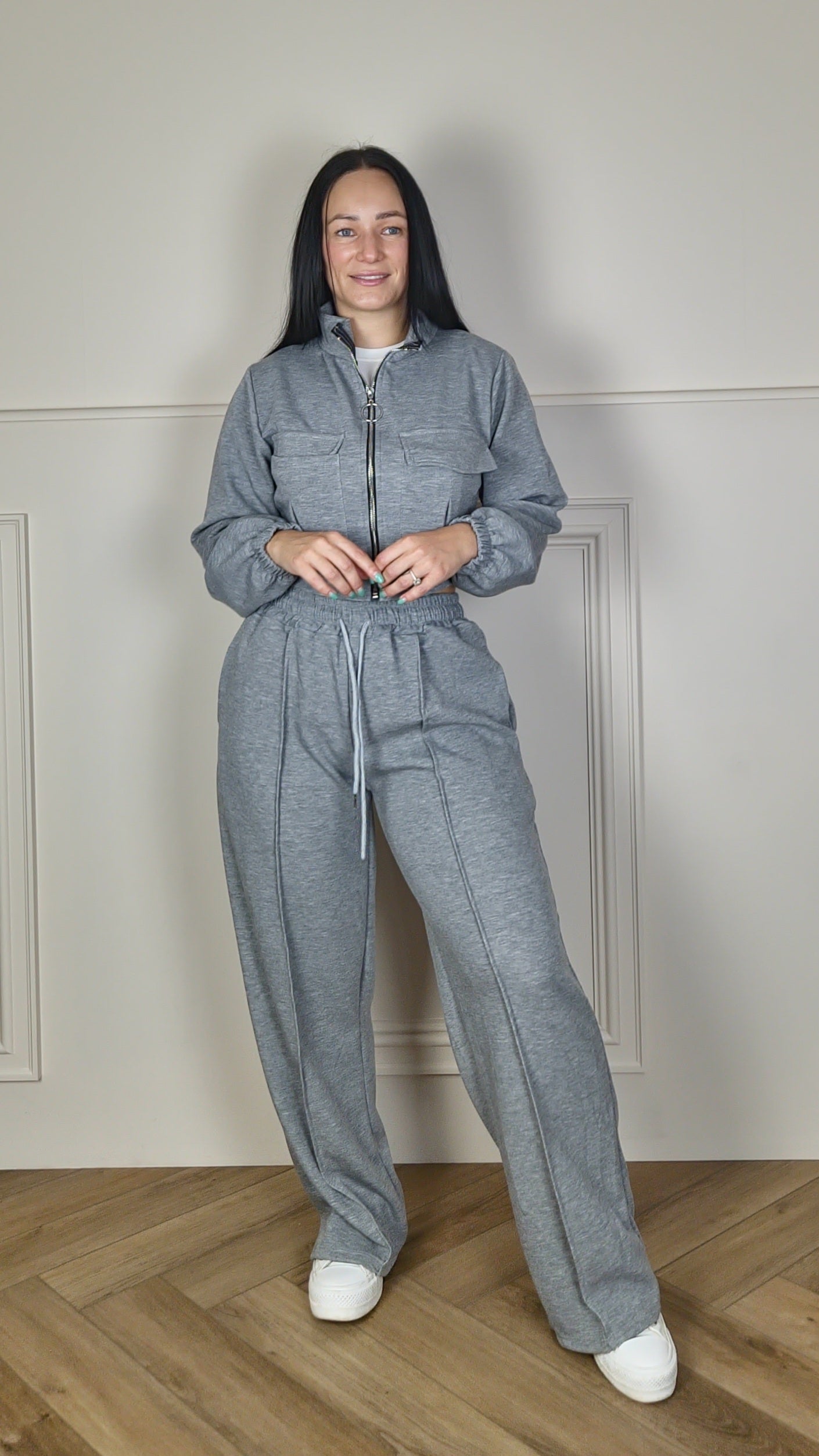 MONIQUE - Bomber Zip Up Jacket With Wide Leg Trouser Set Dark Grey