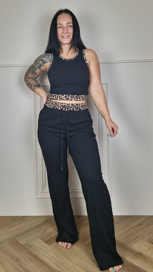 TILLY - Animal Print Crop Top & Trousers Set Black