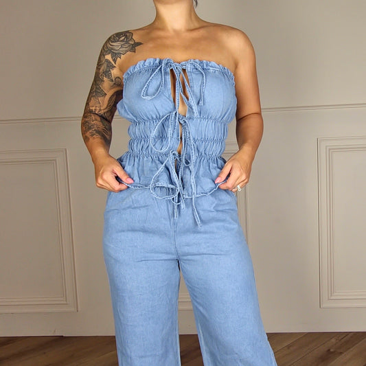 JOANNA - Chambray Two Piece Cotton Blend Top & Trouser