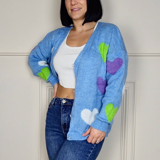 MABEL - Heart Printed Knitted Cardigan Blue