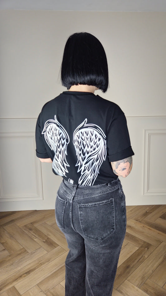 ANGEL - Black 100% Cotton Angel Wing Tee