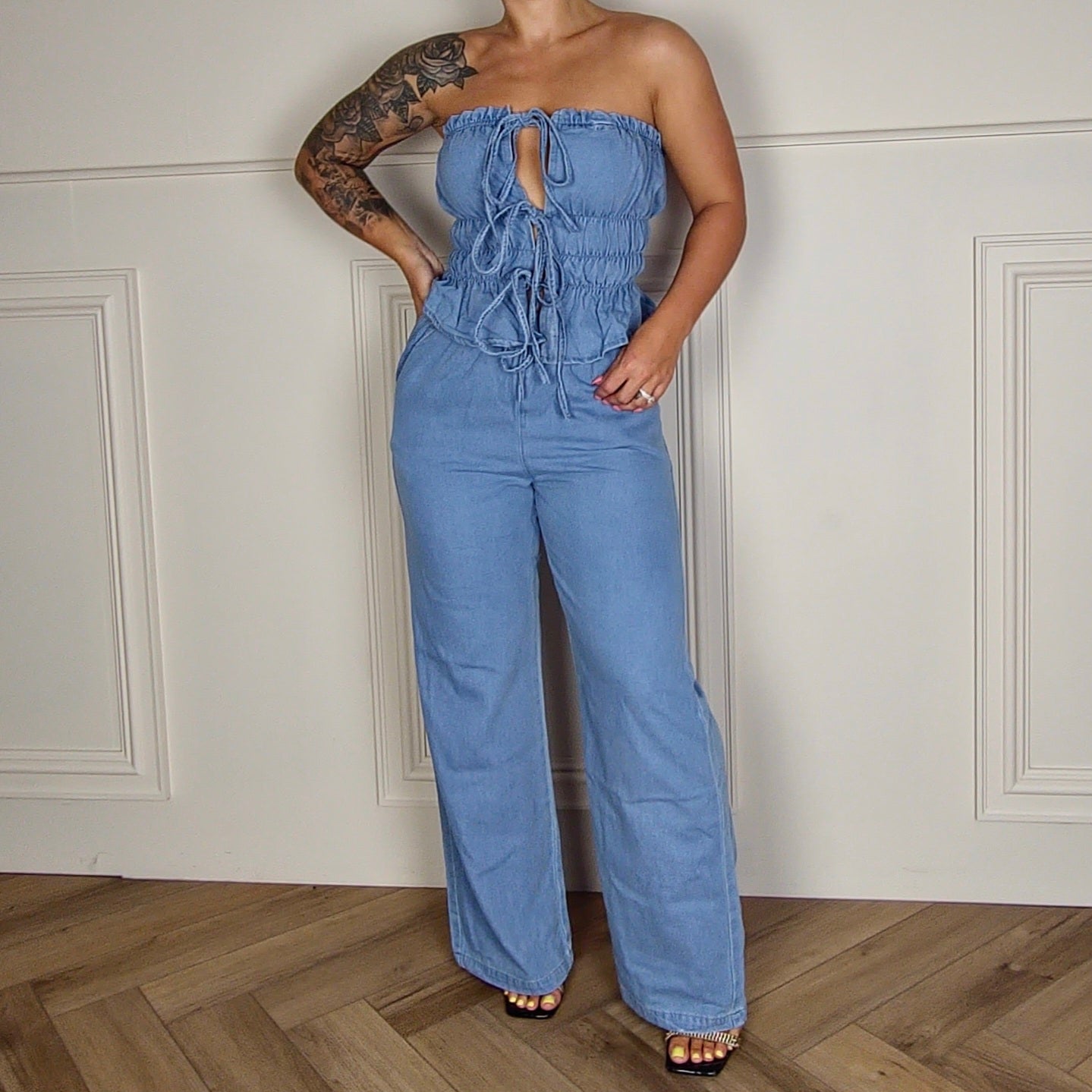 JOANNA - Chambray Two Piece Cotton Blend Top & Trouser