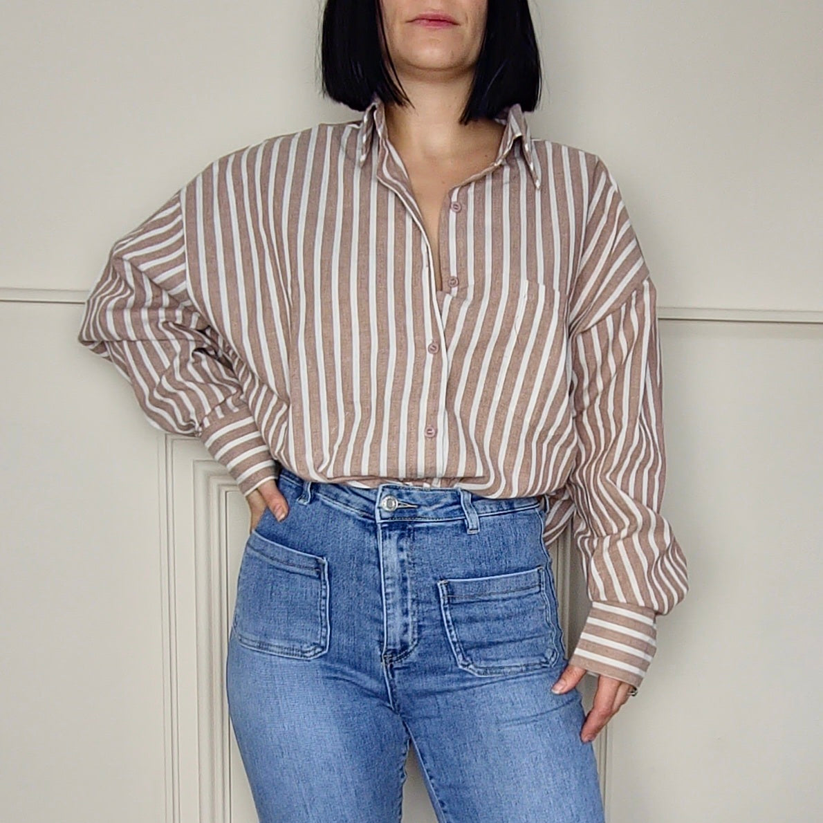 ELISHA - Striped Open Back Shirt Taupe