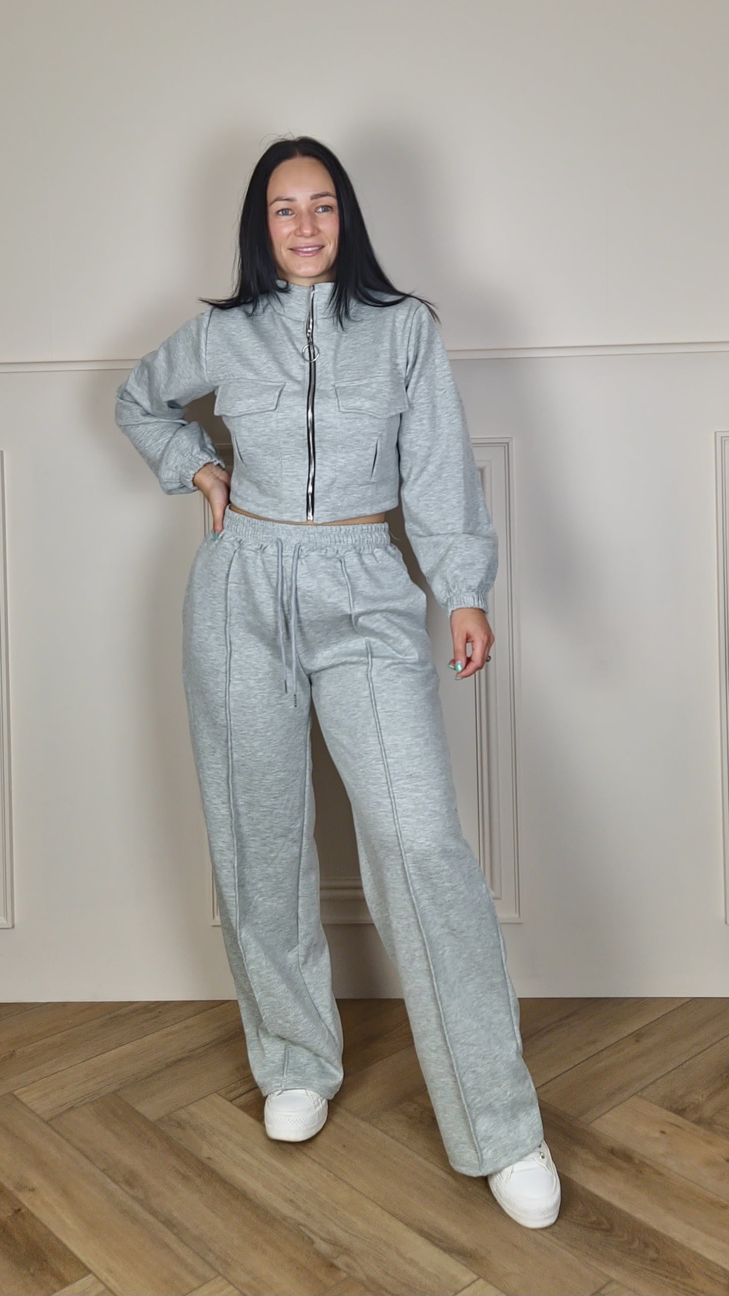 MONIQUE - Bomber Zip Up Jacket With Wide Leg Trouser Set Light Grey