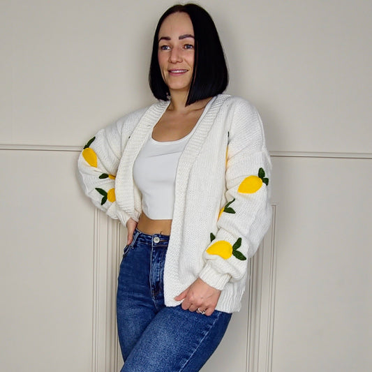 SOFIA - Lemon Applique Embroidered Knitted Cardigan