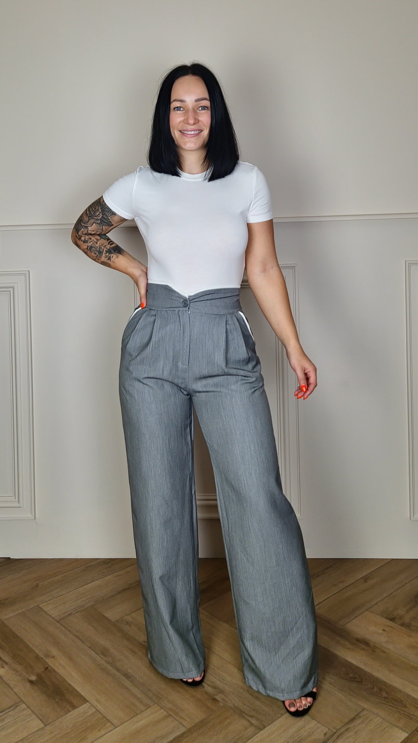 JENNA - High Waisted Trouser With White Trim Grey