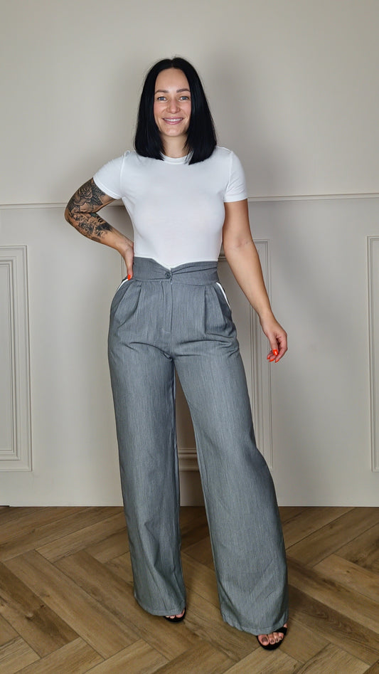 JENNA - High Waisted Trouser With White Trim Grey