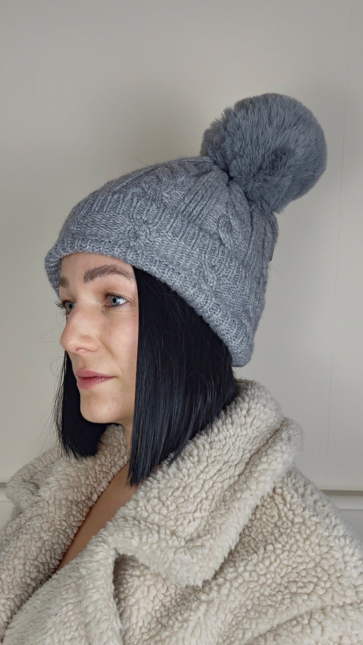 TESS - Cable Knit Wool Blend Faux Fur Pom Beanie Hat Grey