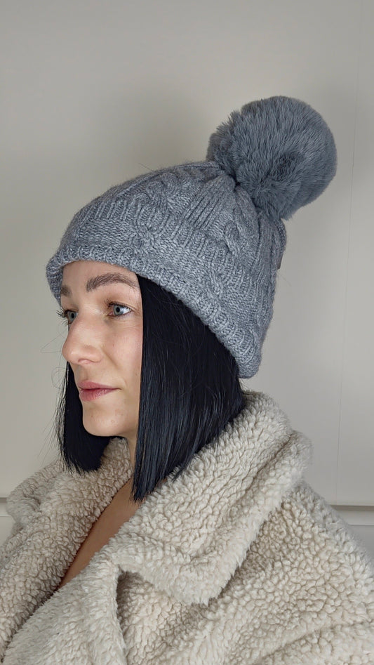 TESS - Cable Knit Wool Blend Faux Fur Pom Beanie Hat Grey