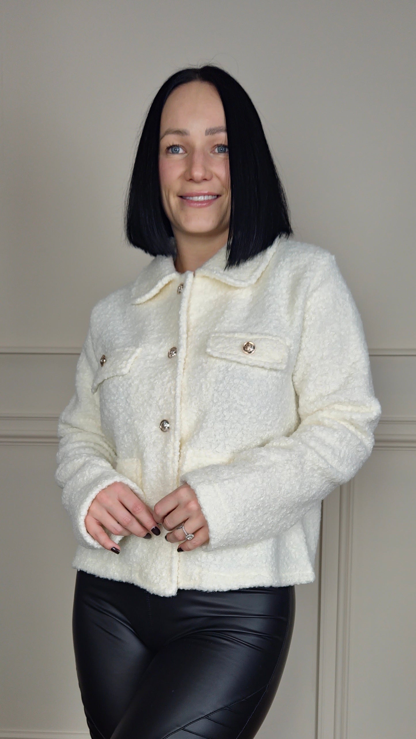 NEELA - Teddy Borg Button Detail Jacket Cream