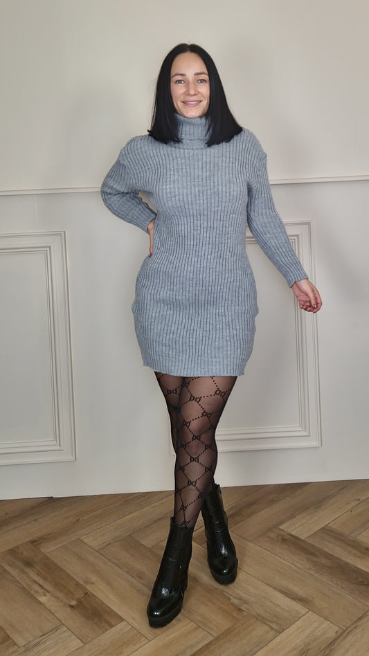 FREYA - Ribbed Knitted Roll Neck Dress Grey