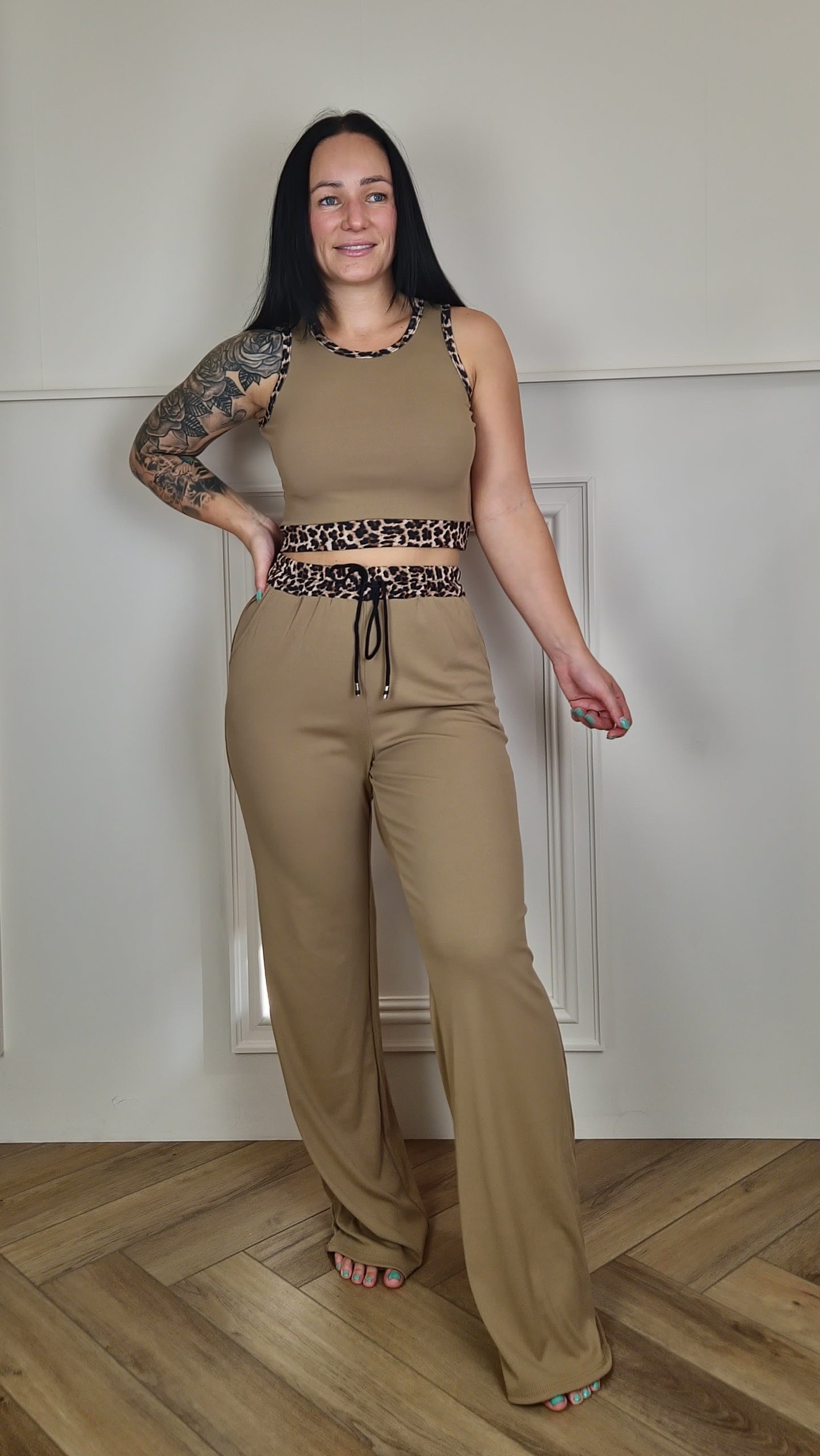 TILLY - Animal Print Crop Top & Trousers Set Taupe
